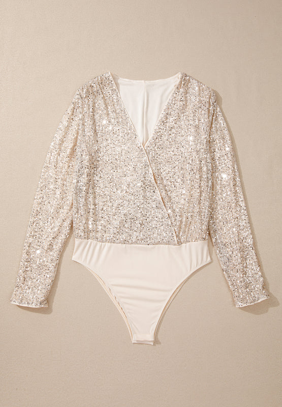 Sequin Surplice Long Sleeve Bodysuit